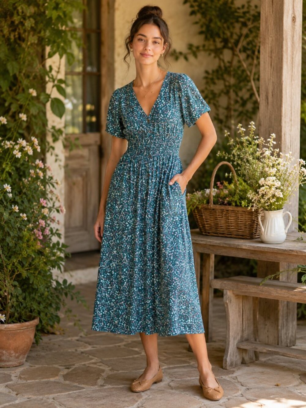 Marine Layer Annika Floral V-Neck Button Front Smock Waist Midi Dress Sz L